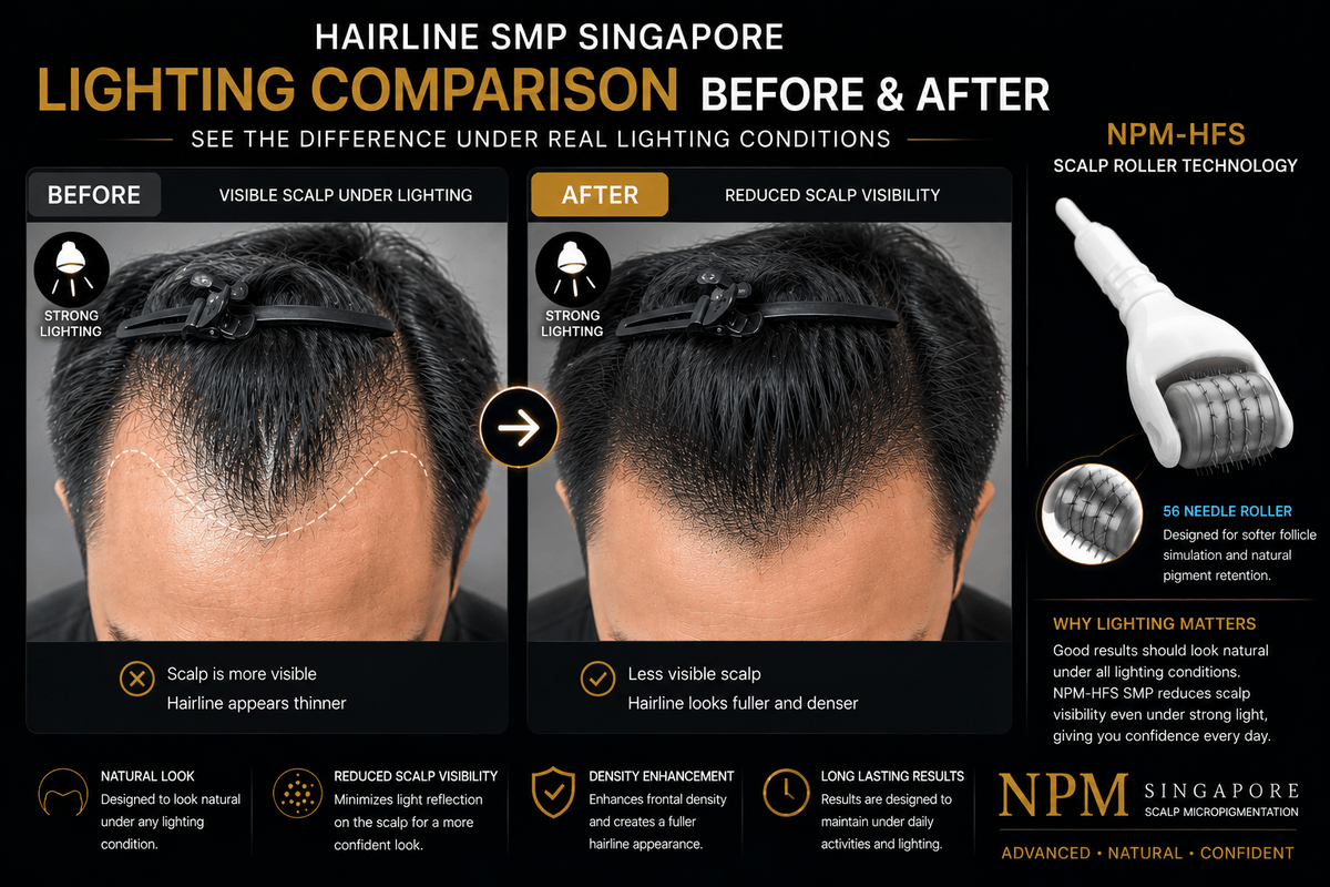 Hairline scalp visibility reduction under lighting after SMP. Hairline scalp visibility reduction under lighting after SMP.