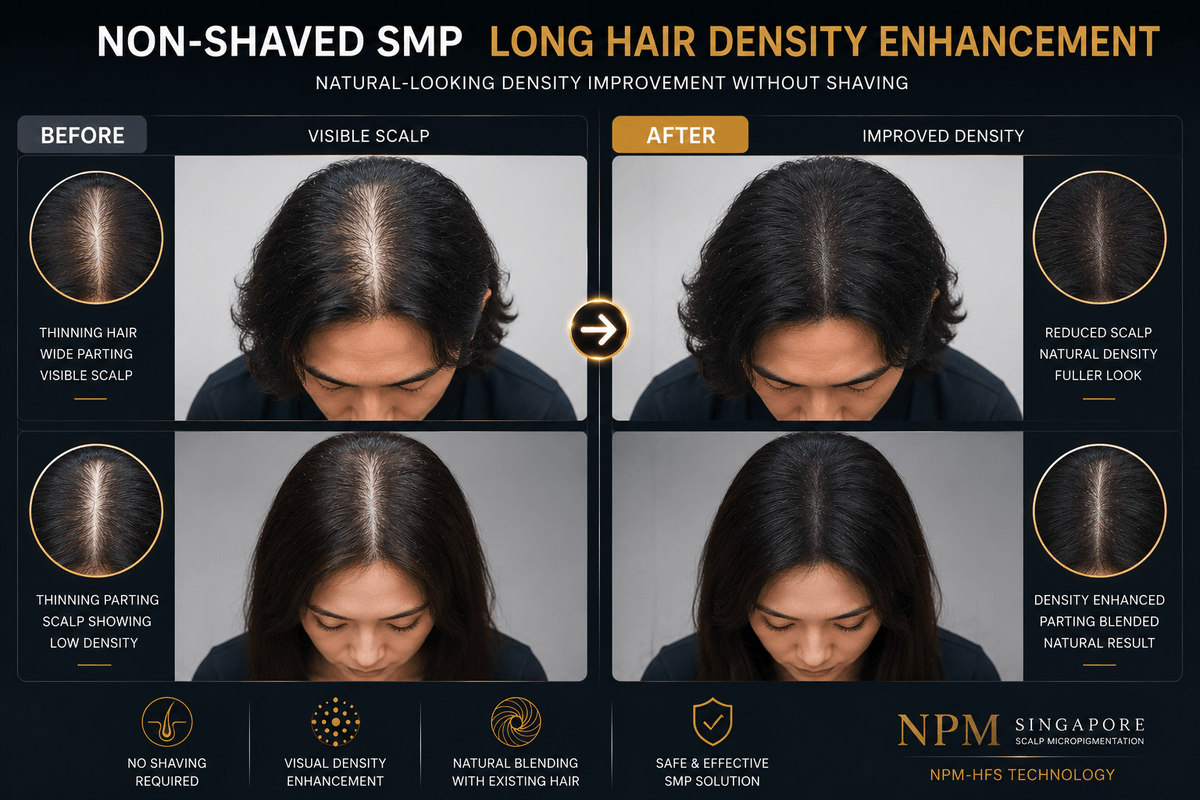 Long hair non-shaved scalp micropigmentation density enhancement. Long hair non-shaved scalp micropigmentation density enhancement.