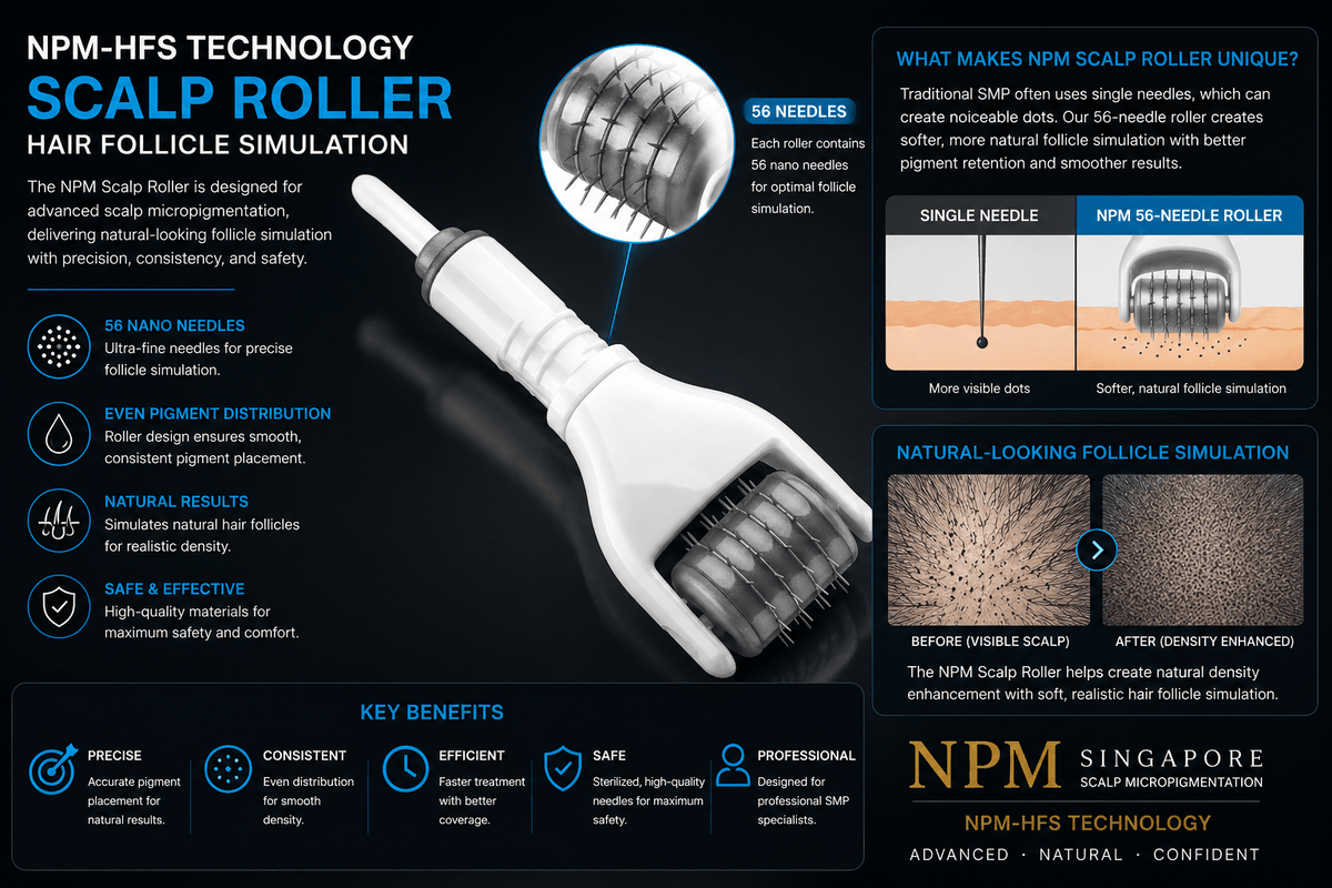 NPM-HFS 56 needle scalp roller for natural follicle simulation scalp micropigmentation. NPM-HFS 56 needle scalp roller for natural follicle simulation scalp micropigmentation.