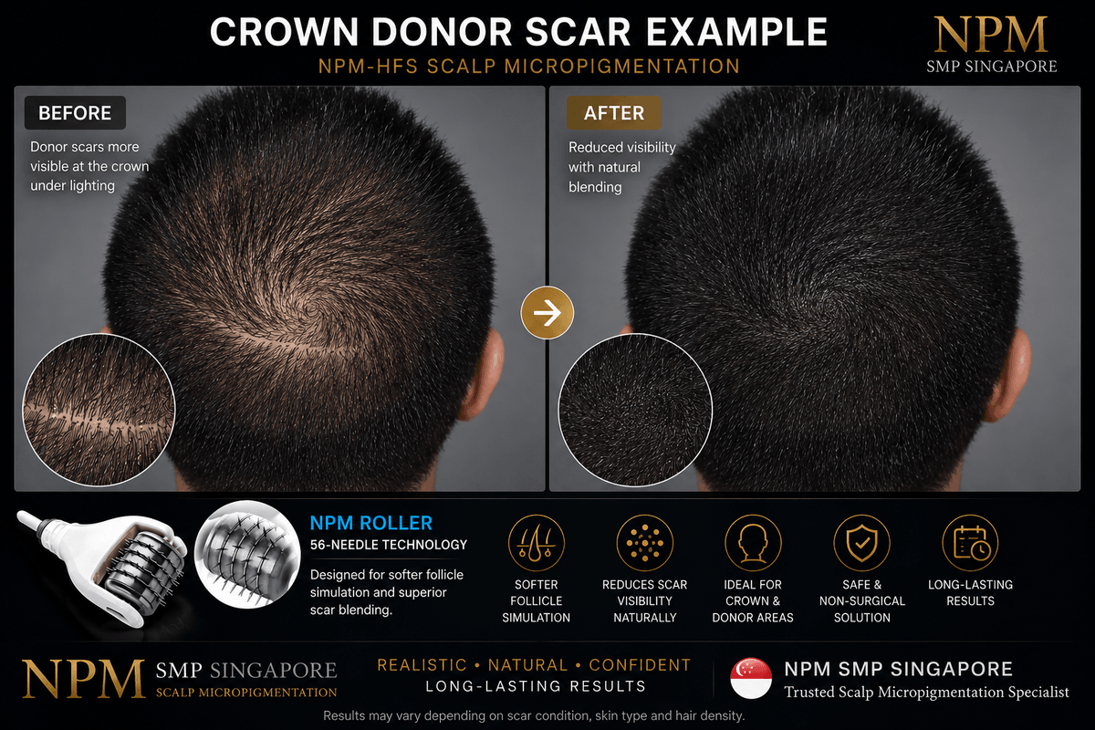 Crown donor scar camouflage using scalp micropigmentation. Crown donor scar camouflage using scalp micropigmentation.
