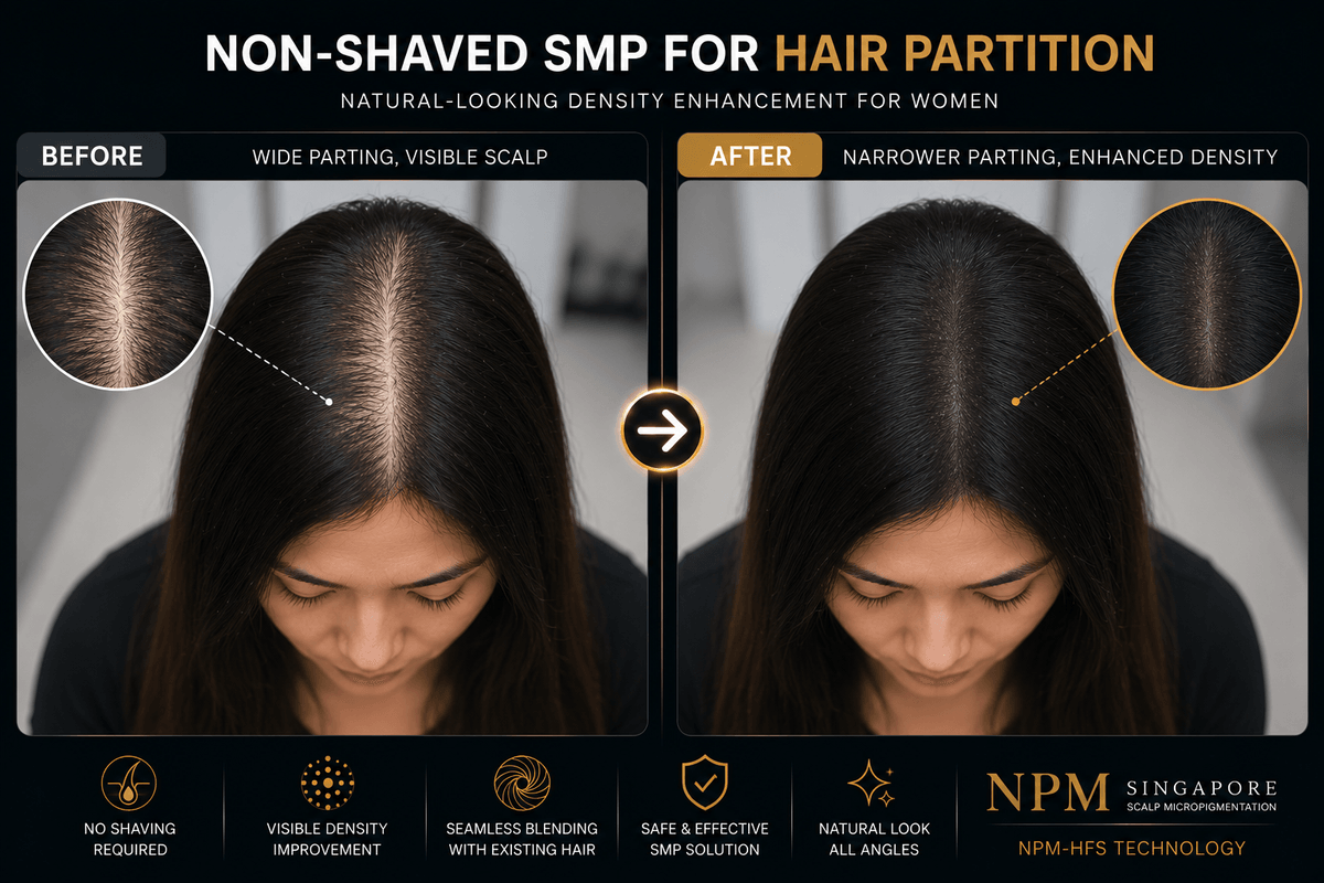 Hair partition density enhancement using non-shaved scalp micropigmentation. Hair partition density enhancement using non-shaved scalp micropigmentation.