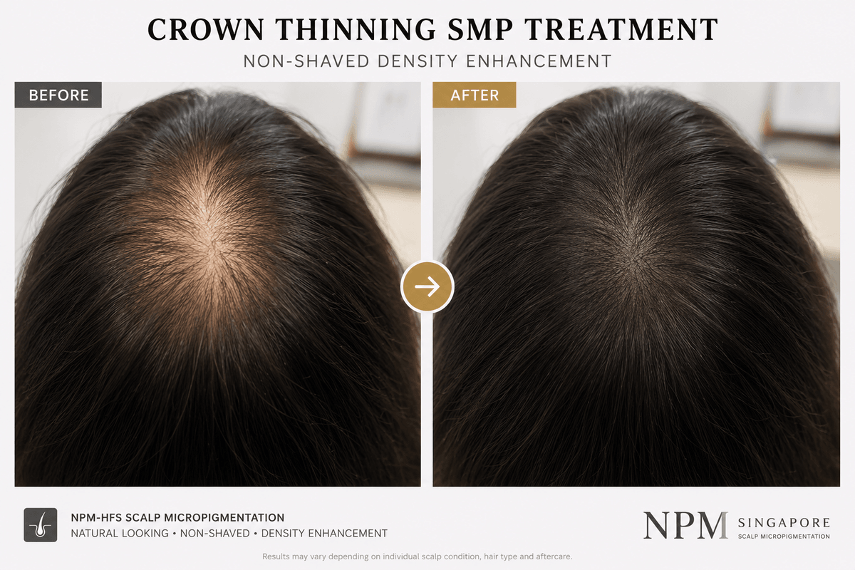 Female crown thinning scalp micropigmentation density enhancement Female crown thinning scalp micropigmentation density enhancement