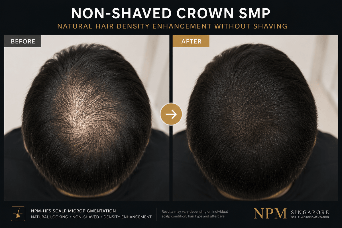 Non-shaved crown scalp micropigmentation density enhancement by NPM-HFS Singapore. Non-shaved crown scalp micropigmentation density enhancement by NPM-HFS Singapore.