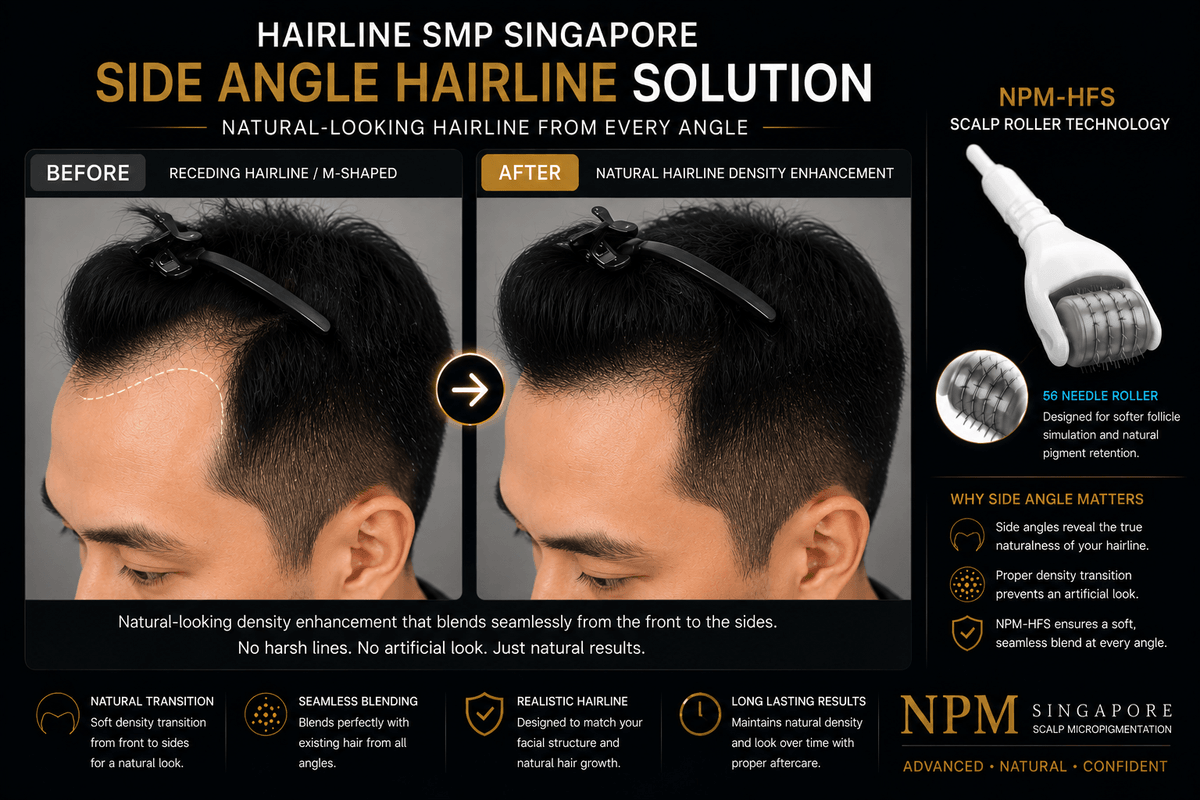 Side profile hairline scalp micropigmentation blending result. Side profile hairline scalp micropigmentation blending result.