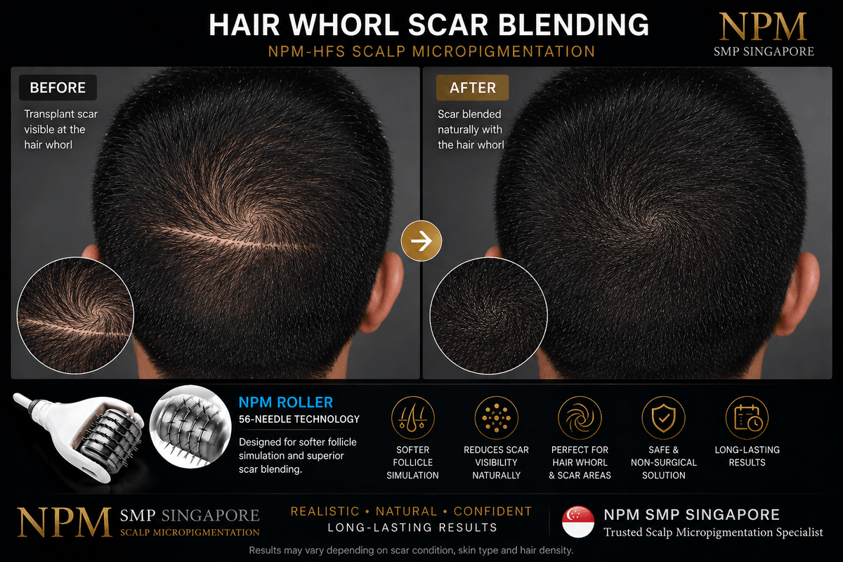 Hair whorl and transplant scar blending using NPM-HFS SMP. Hair whorl and transplant scar blending using NPM-HFS SMP.