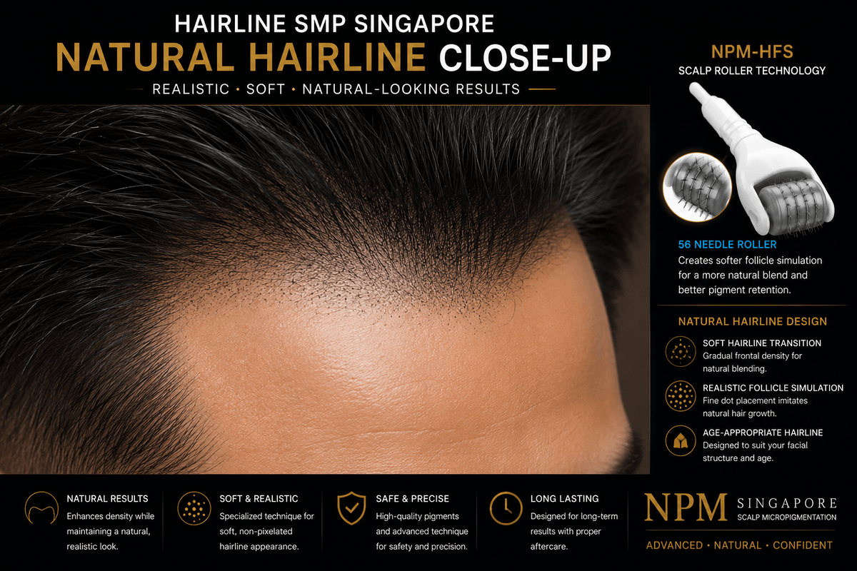 Natural-looking hairline scalp micropigmentation close-up blending. Natural-looking hairline scalp micropigmentation close-up blending.