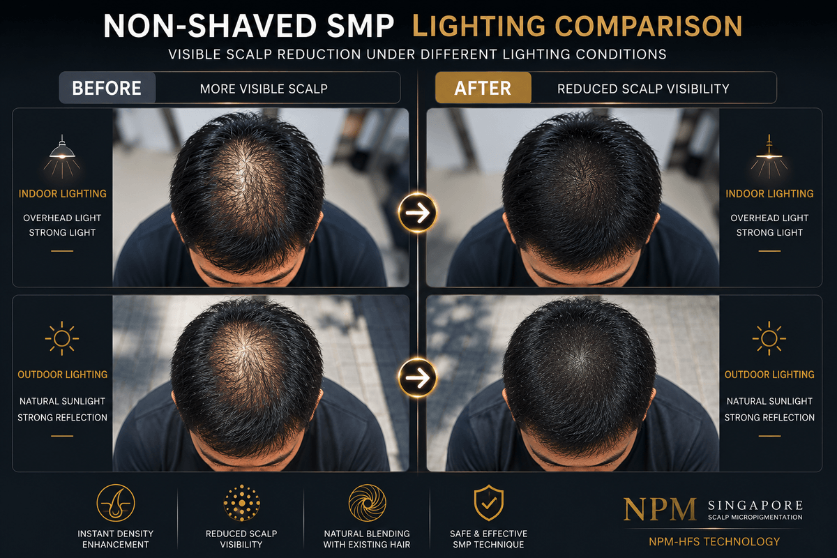 Non-shaved scalp micropigmentation scalp visibility reduction under lighting. Non-shaved scalp micropigmentation scalp visibility reduction under lighting.