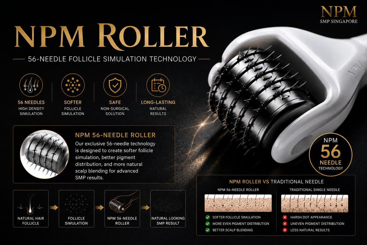 NPM Roller 56-needle follicle simulation scalp micropigmentation technology. NPM Roller 56-needle follicle simulation scalp micropigmentation technology.