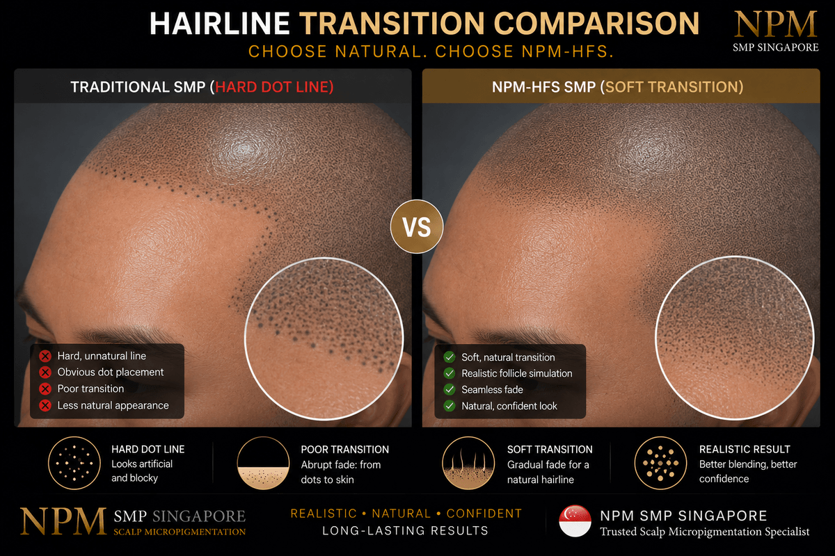 Natural hairline transition using NPM-HFS scalp micropigmentation. Natural hairline transition using NPM-HFS scalp micropigmentation.