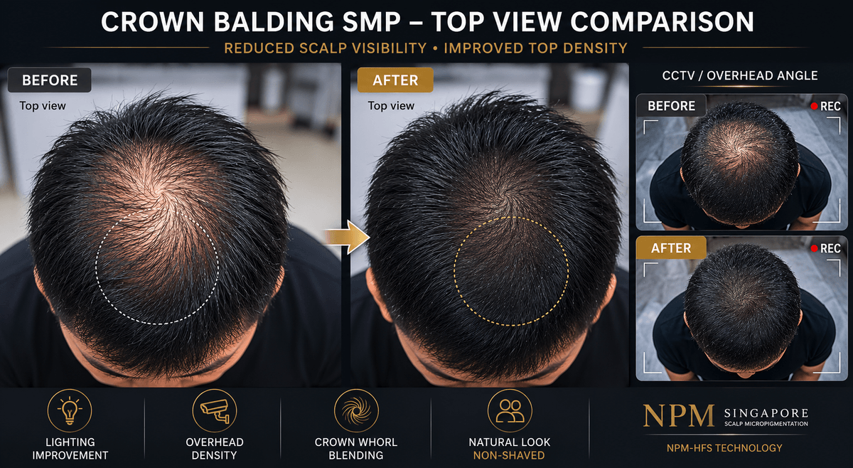 Top view scalp micropigmentation crown balding density enhancement. Top view scalp micropigmentation crown balding density enhancement.