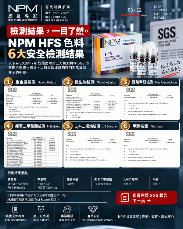 NPM紋髮色素 NPM HFS於2026年7月的六類SGS檢測結果摘要及報告截圖 NPM紋髮色素 NPM HFS於2026年7月的六類SGS檢測結果摘要及報告截圖