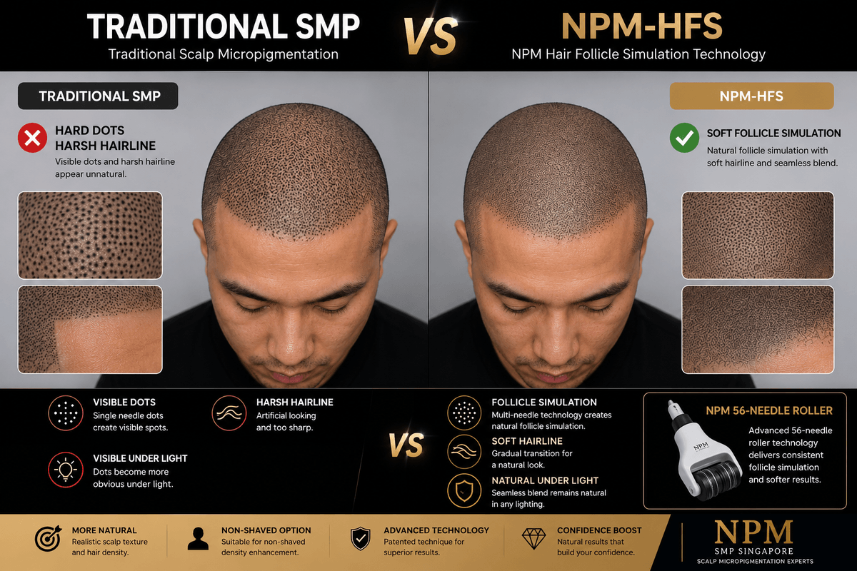 Comparison between traditional SMP and NPM-HFS scalp micropigmentation. Comparison between traditional SMP and NPM-HFS scalp micropigmentation.