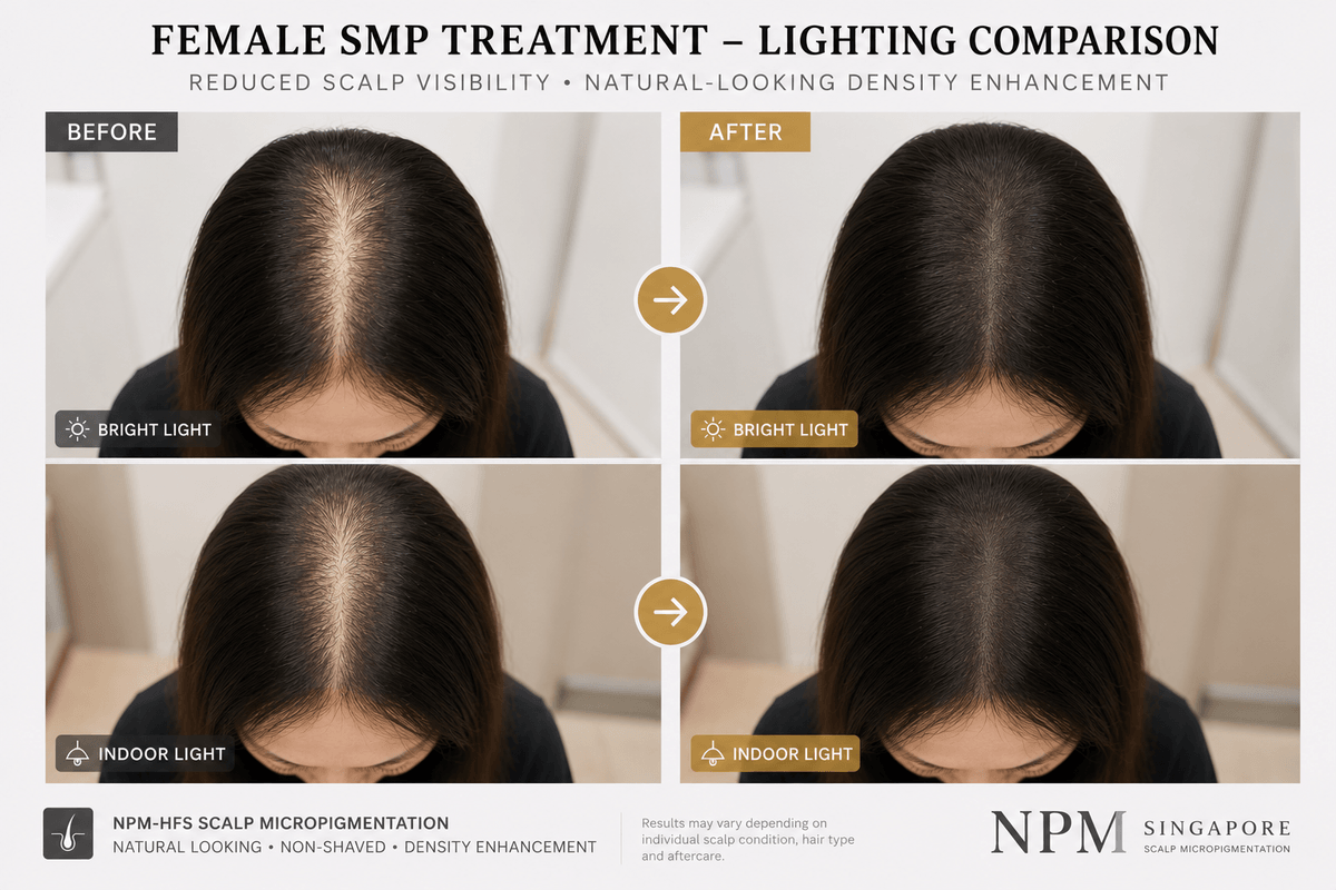 Female scalp visibility reduction using scalp micropigmentation. Female scalp visibility reduction using scalp micropigmentation.