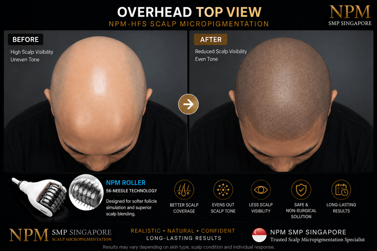 Top view full head scalp micropigmentation density enhancement. Top view full head scalp micropigmentation density enhancement.