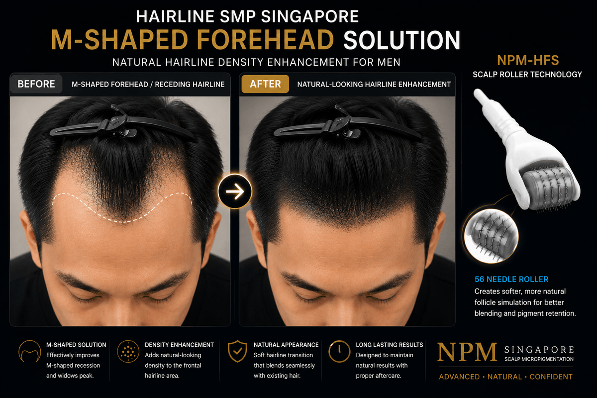 M-shaped forehead scalp micropigmentation density enhancement. M-shaped forehead scalp micropigmentation density enhancement.