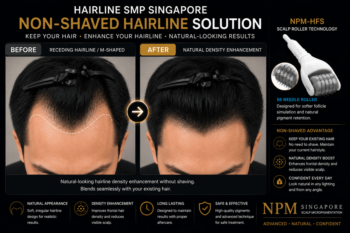 Non-shaved hairline scalp micropigmentation density enhancement. Non-shaved hairline scalp micropigmentation density enhancement.