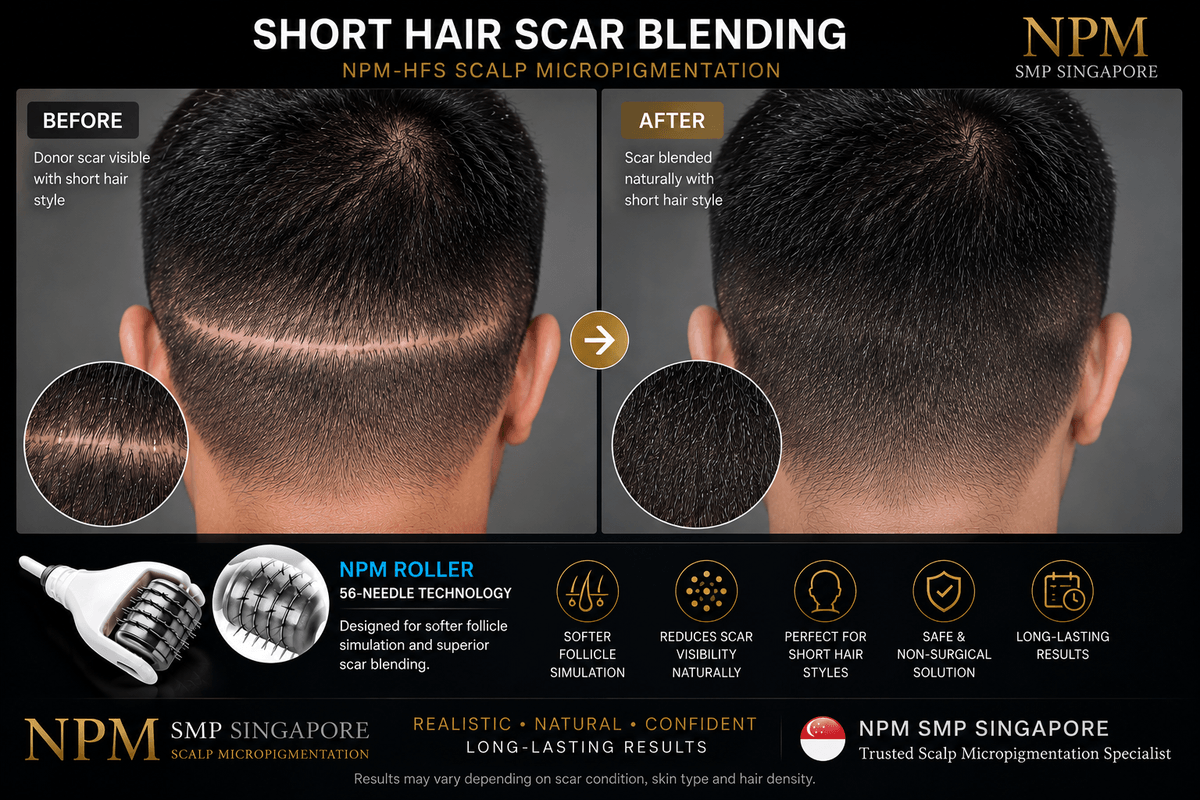 Short hair FUT scar blending scalp micropigmentation treatment. Short hair FUT scar blending scalp micropigmentation treatment.