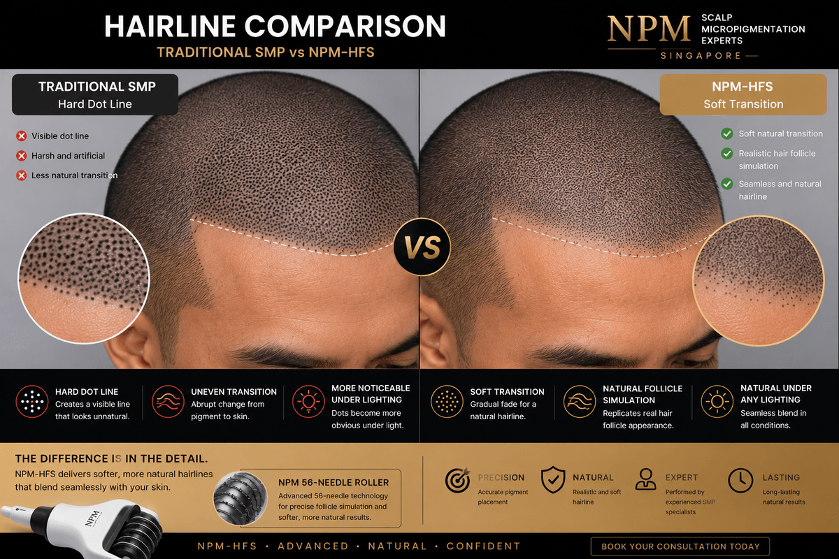 Natural hairline transition comparison between traditional SMP and NPM-HFS. Natural hairline transition comparison between traditional SMP and NPM-HFS.