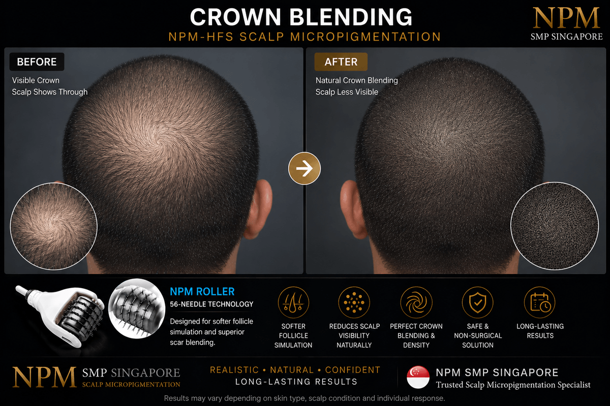 Full head scalp micropigmentation crown blending by NPM SMP Singapore. Full head scalp micropigmentation crown blending by NPM SMP Singapore.
