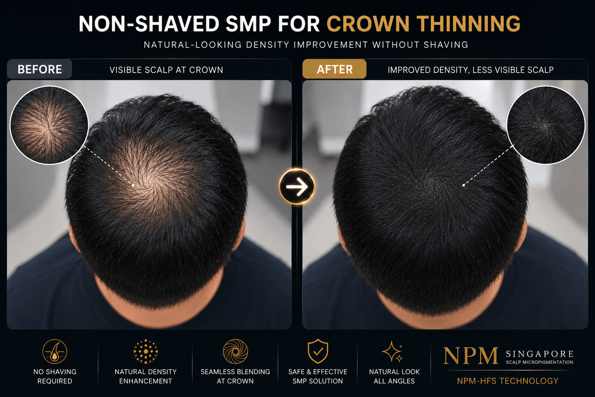 Non-shaved crown scalp micropigmentation treatment in Singapore. Non-shaved crown scalp micropigmentation treatment in Singapore.