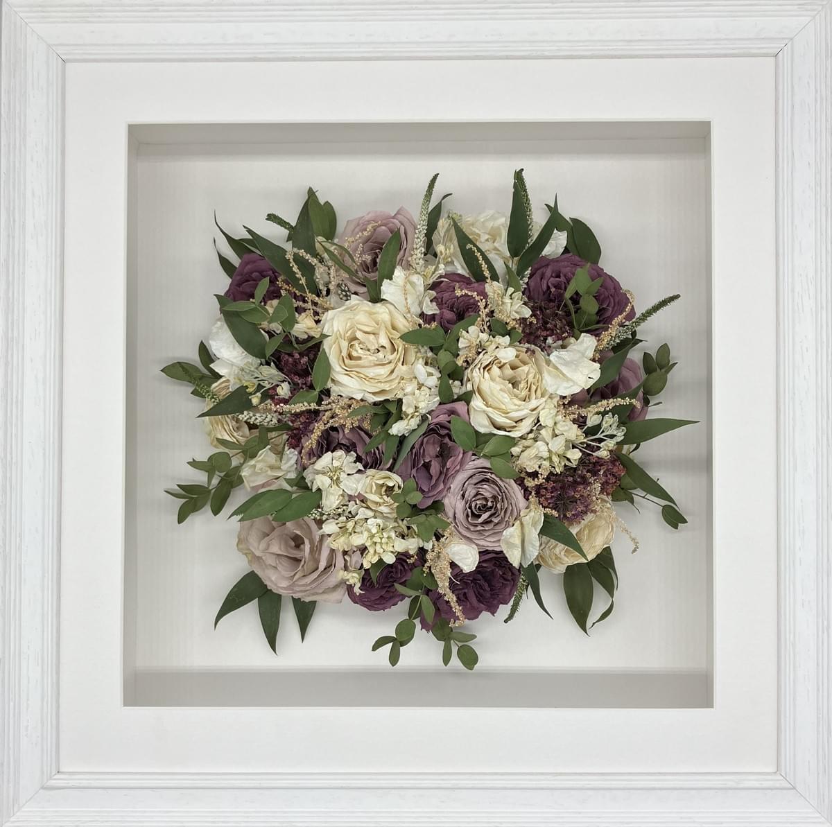 Wedding flower bouquet preservation Top View framed design in Ivory Driftwood frame 14" x 14" £330 Wedding flower bouquet preservation Top View framed design in Ivory Driftwood frame 14" x 14" £330