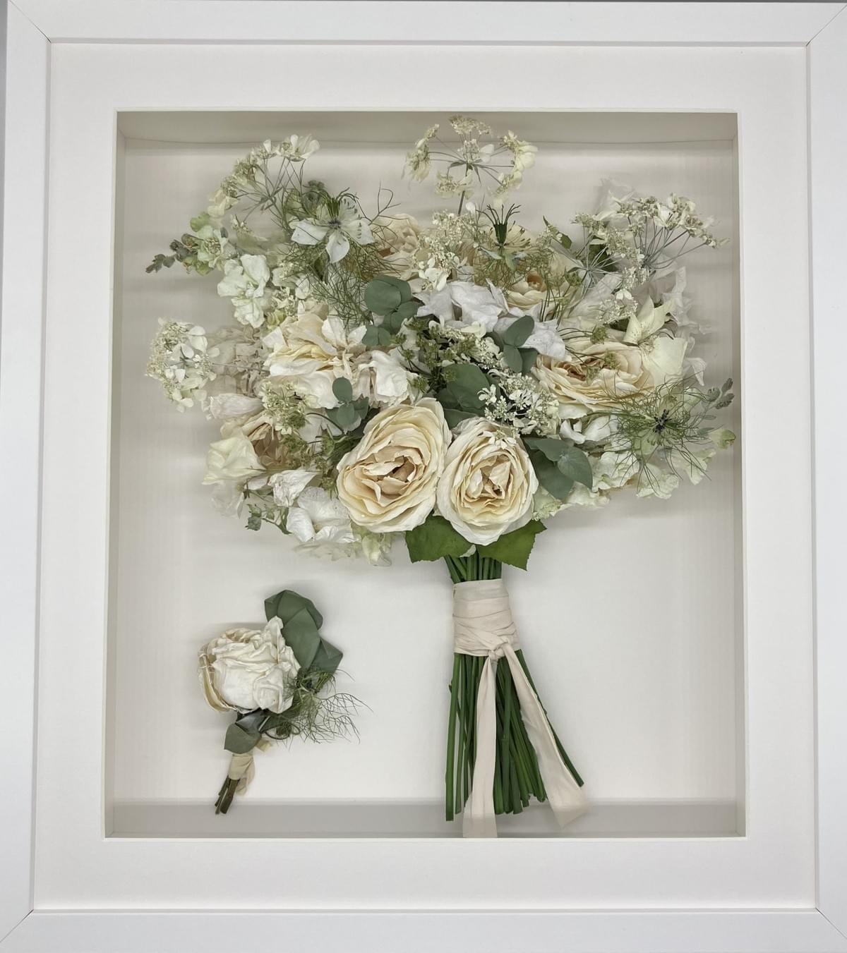 Bridal Bouquet Flower Preservation Design Hand Tied in ridged white frame 12" x 16" £330 Bridal Bouquet Flower Preservation Design Hand Tied in ridged white frame 12" x 16" £330