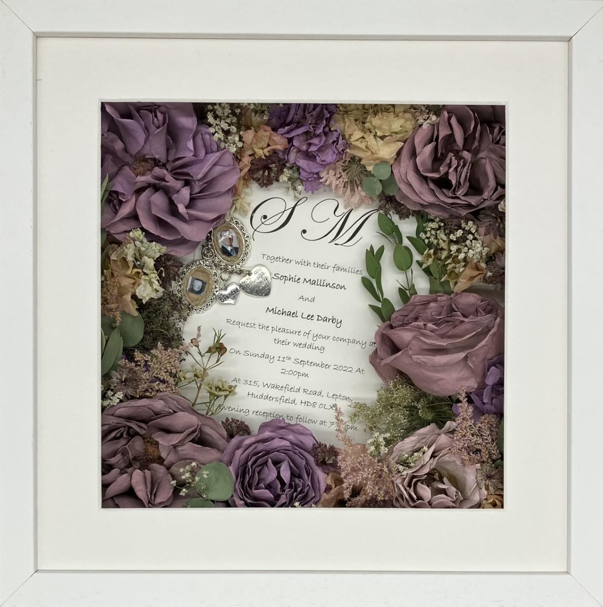 Wedding Flower Memory Framed Keepsake in plain white frame 12" x 12" £275 Wedding Flower Memory Framed Keepsake in plain white frame 12" x 12" £275