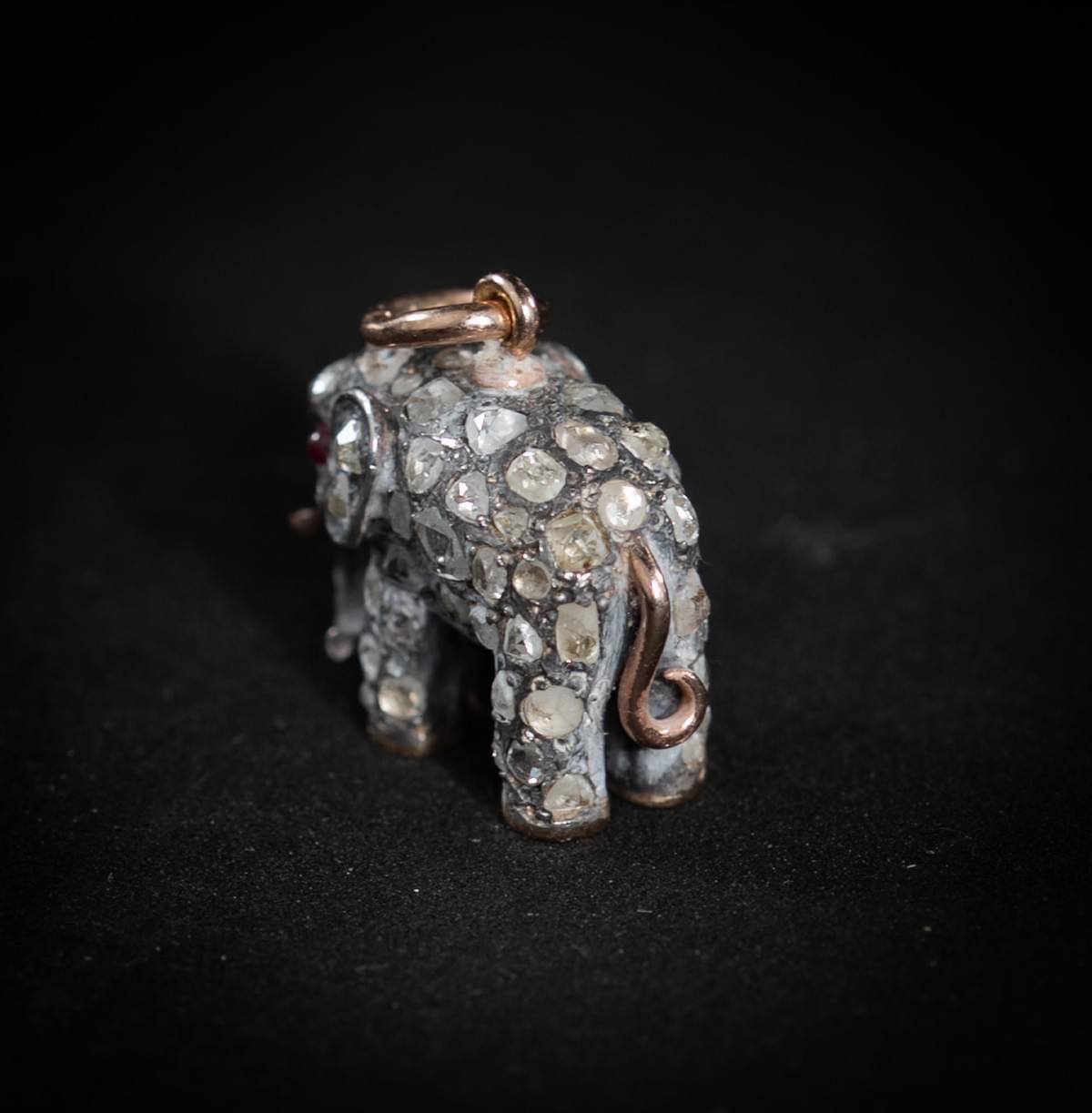 Fabergé Silver and Gold Elephant Pendant by Erik August Kollin, Set with Old‑Cut Diamonds and Ruby