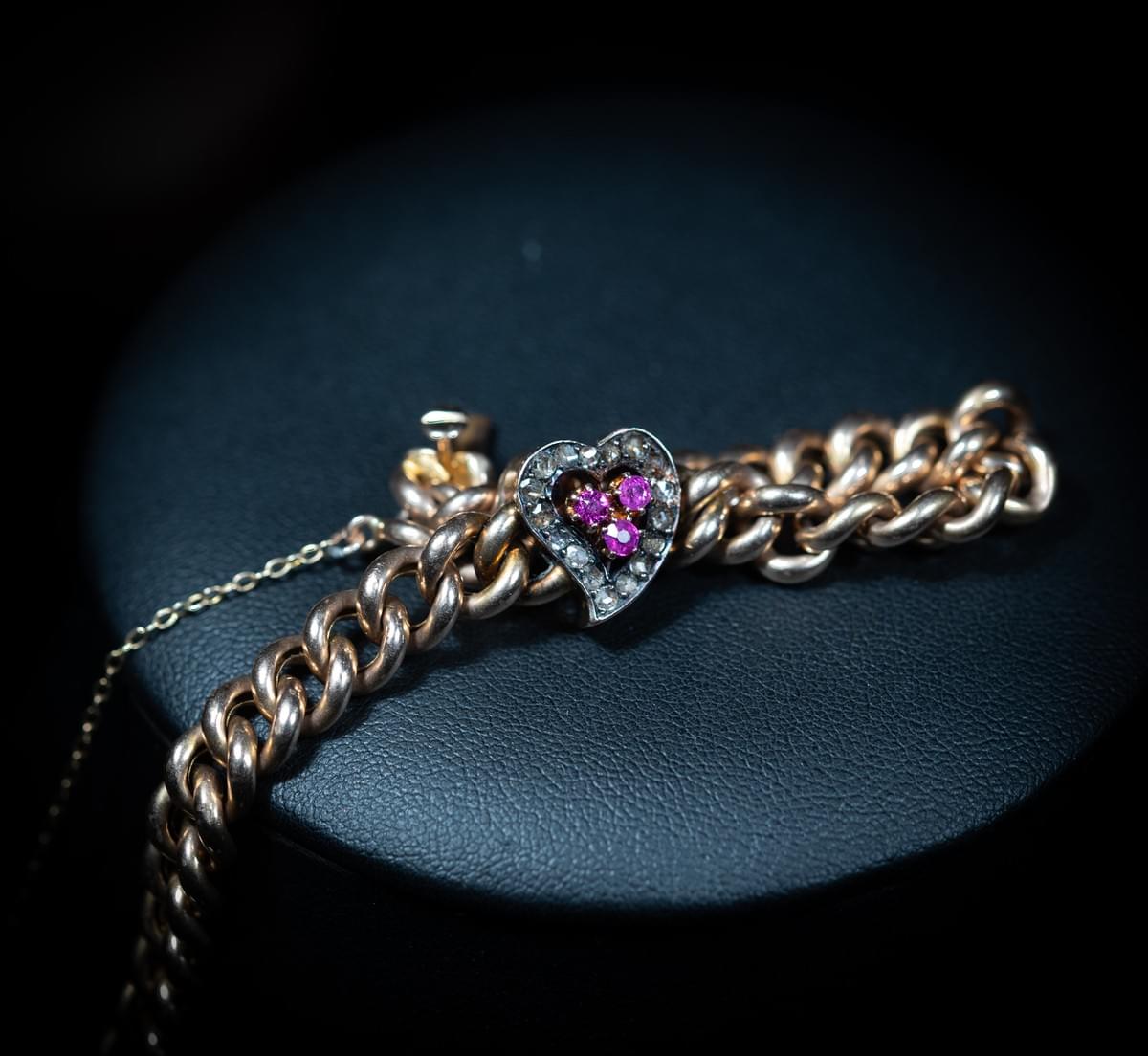 Ruby and diamond heart shaped curb bracelet