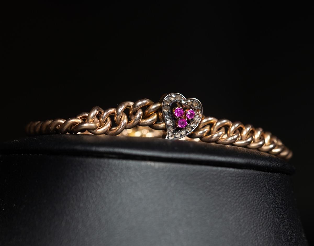 Ruby and diamond heart shaped curb bracelet