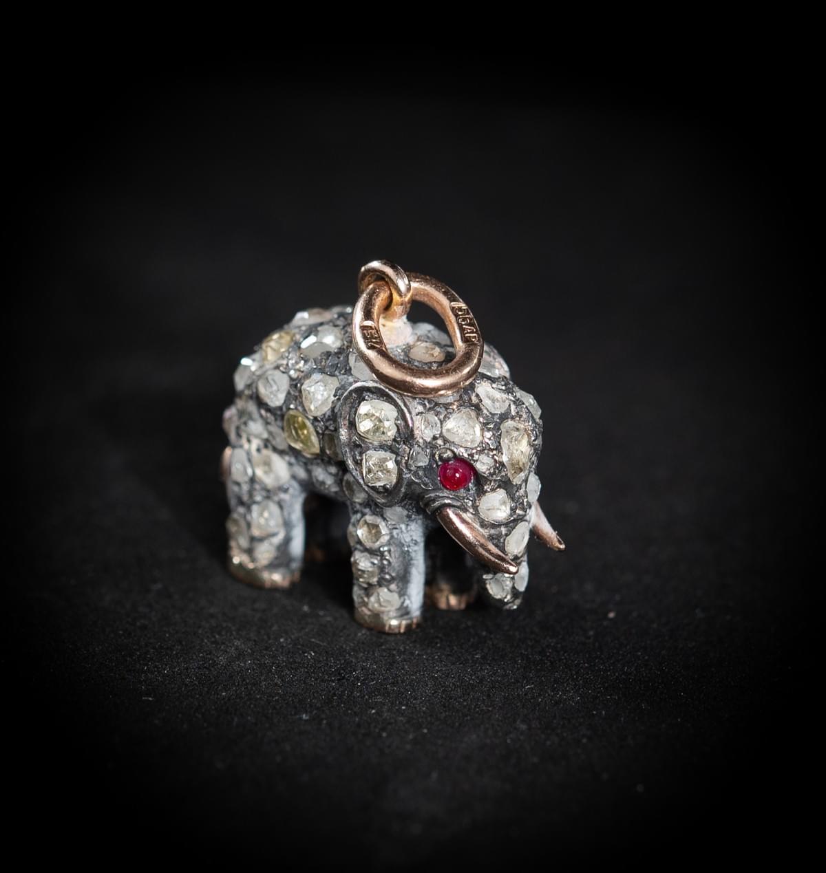Fabergé Silver and Gold Elephant Pendant by Erik August Kollin, Set with Old‑Cut Diamonds and Ruby