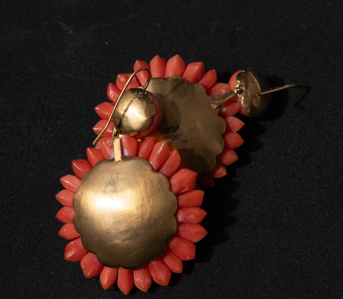 Antique Victorian Carved Coral Chrysanthemum Earrings — Torre del Greco, circa 1860–1880