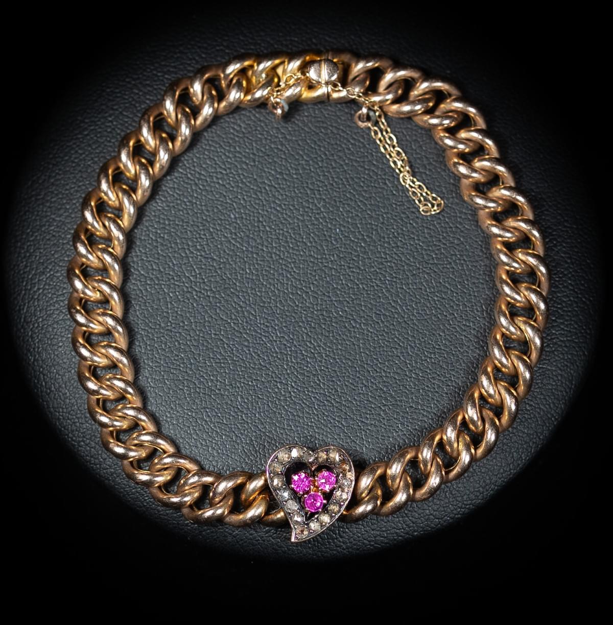 Ruby and diamond heart shaped curb bracelet