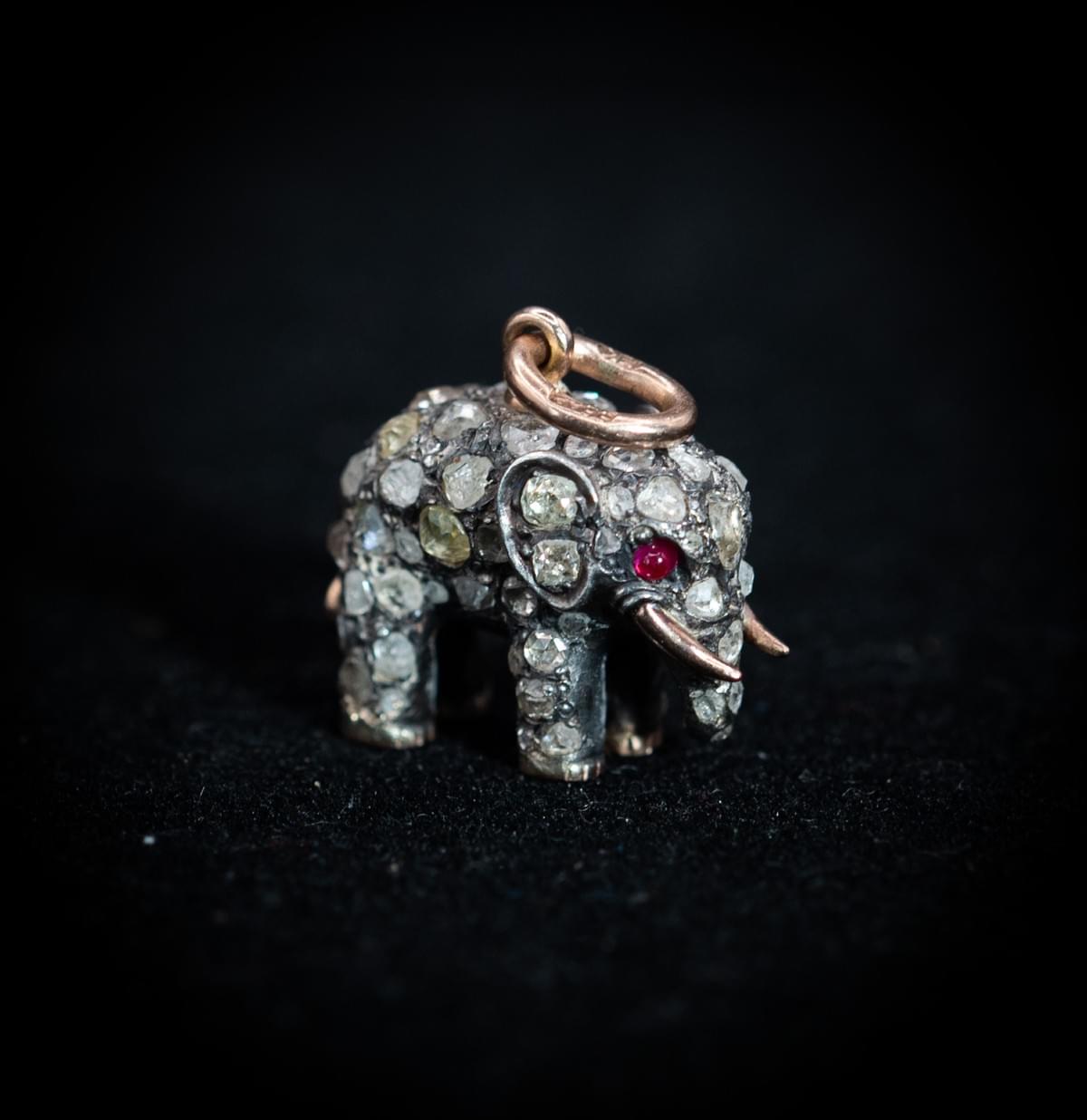 Fabergé Silver and Gold Elephant Pendant by Erik August Kollin, Set with Old‑Cut Diamonds and Ruby