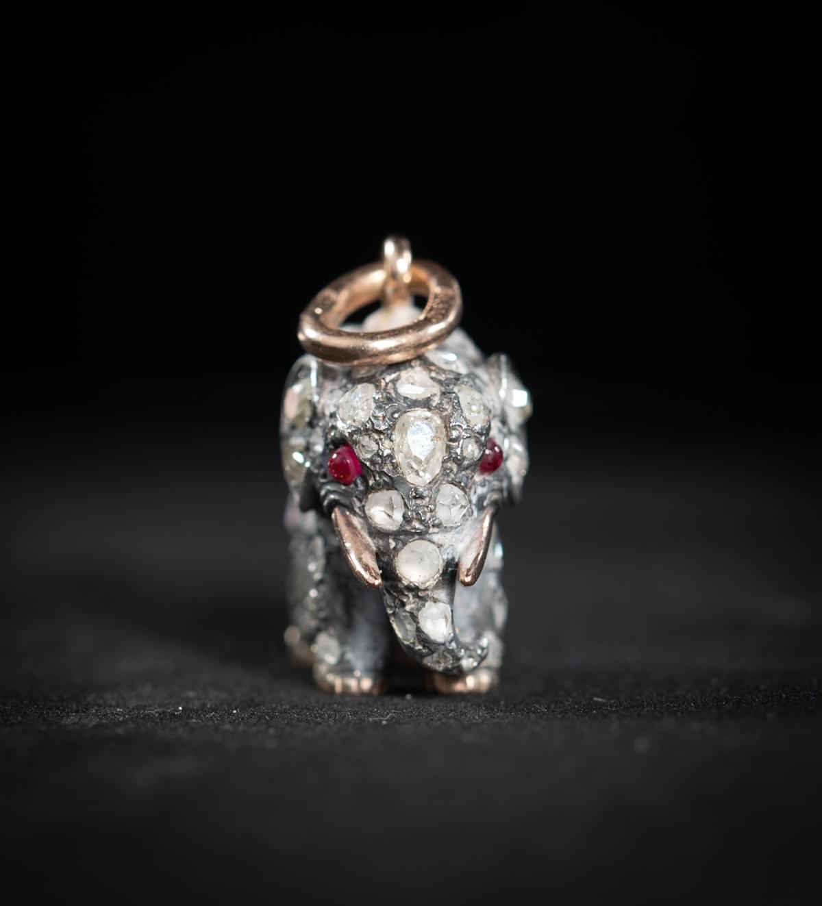 Fabergé Silver and Gold Elephant Pendant by Erik August Kollin, Set with Old‑Cut Diamonds and Ruby