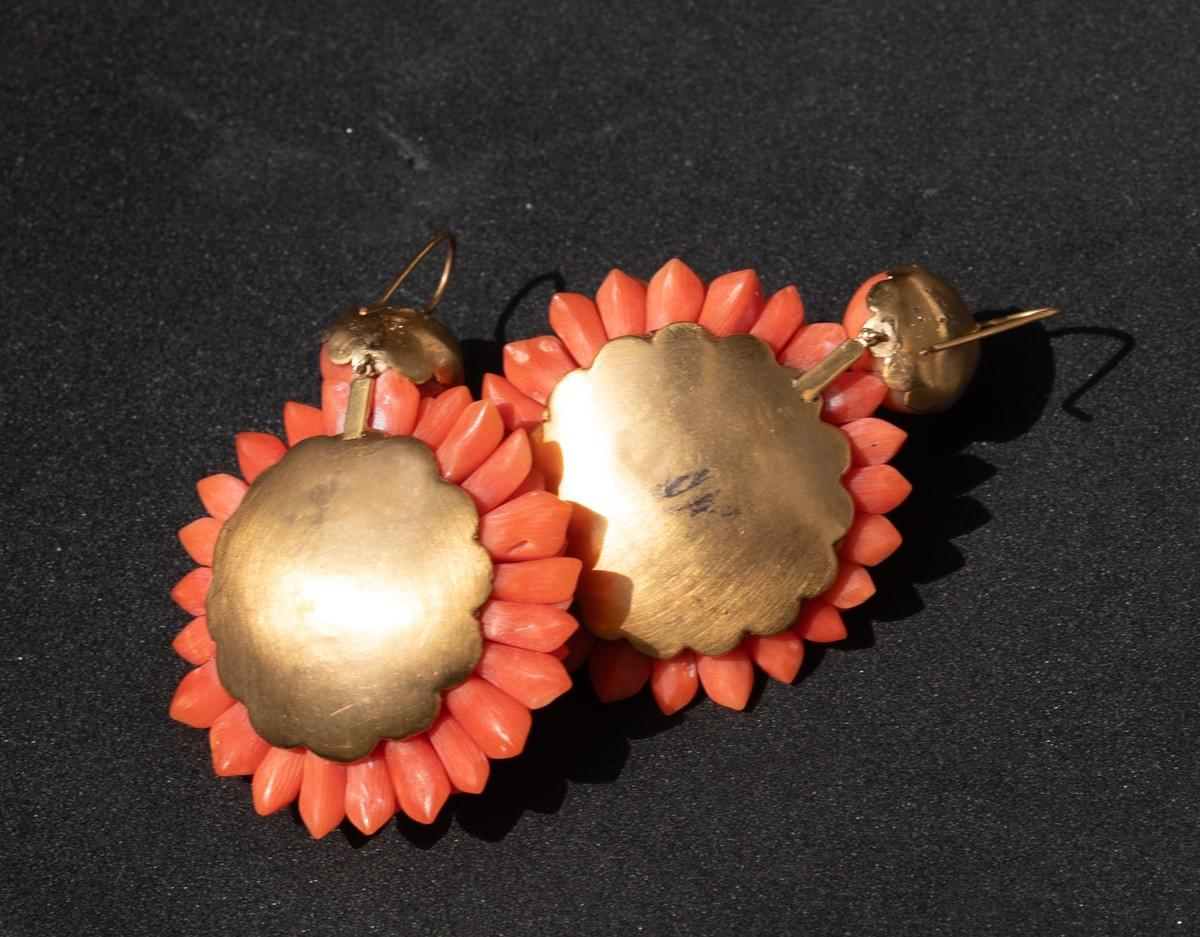 Antique Victorian Carved Coral Chrysanthemum Earrings — Torre del Greco, circa 1860–1880