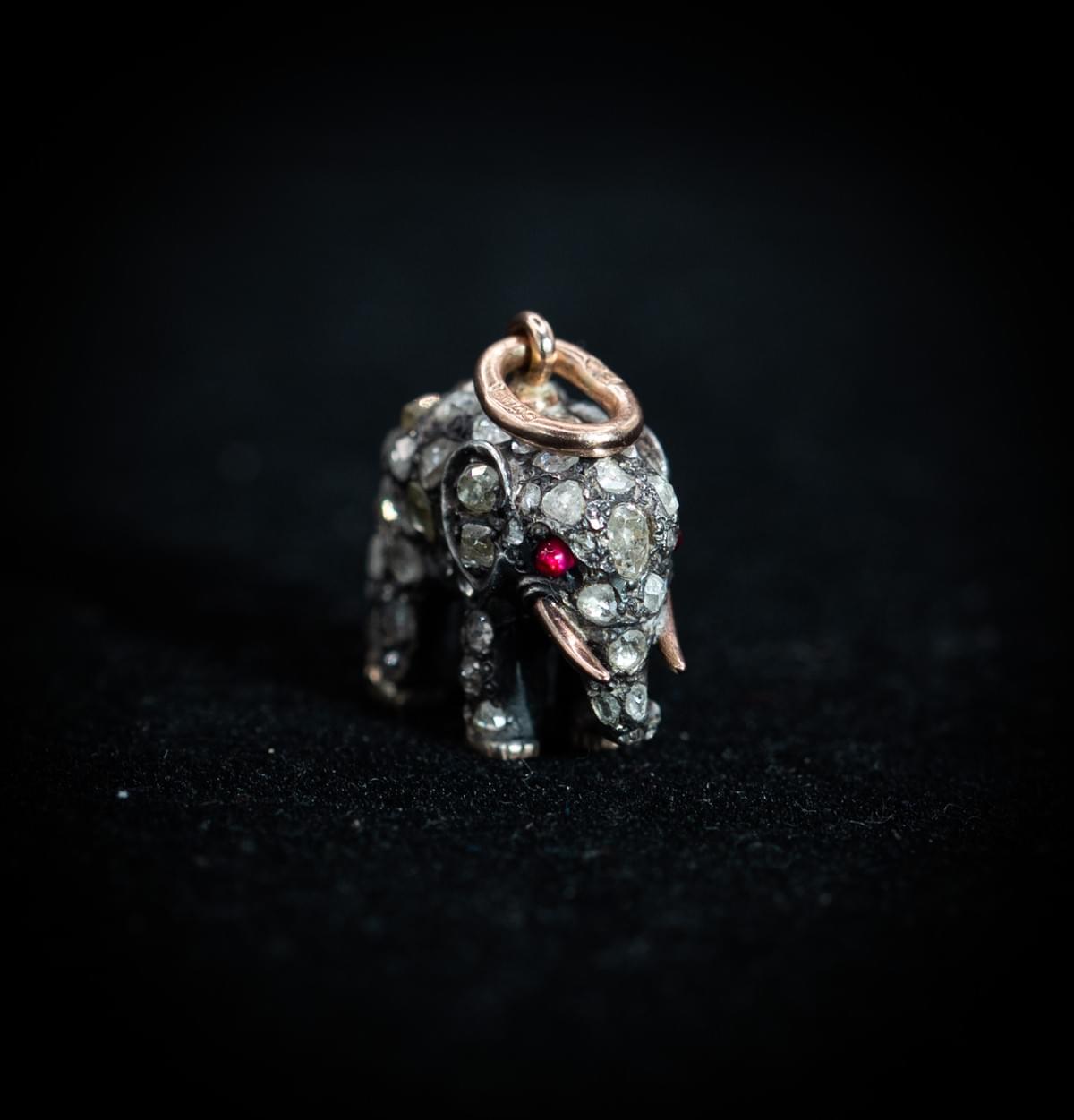 Fabergé Silver and Gold Elephant Pendant by Erik August Kollin, Set with Old‑Cut Diamonds and Ruby