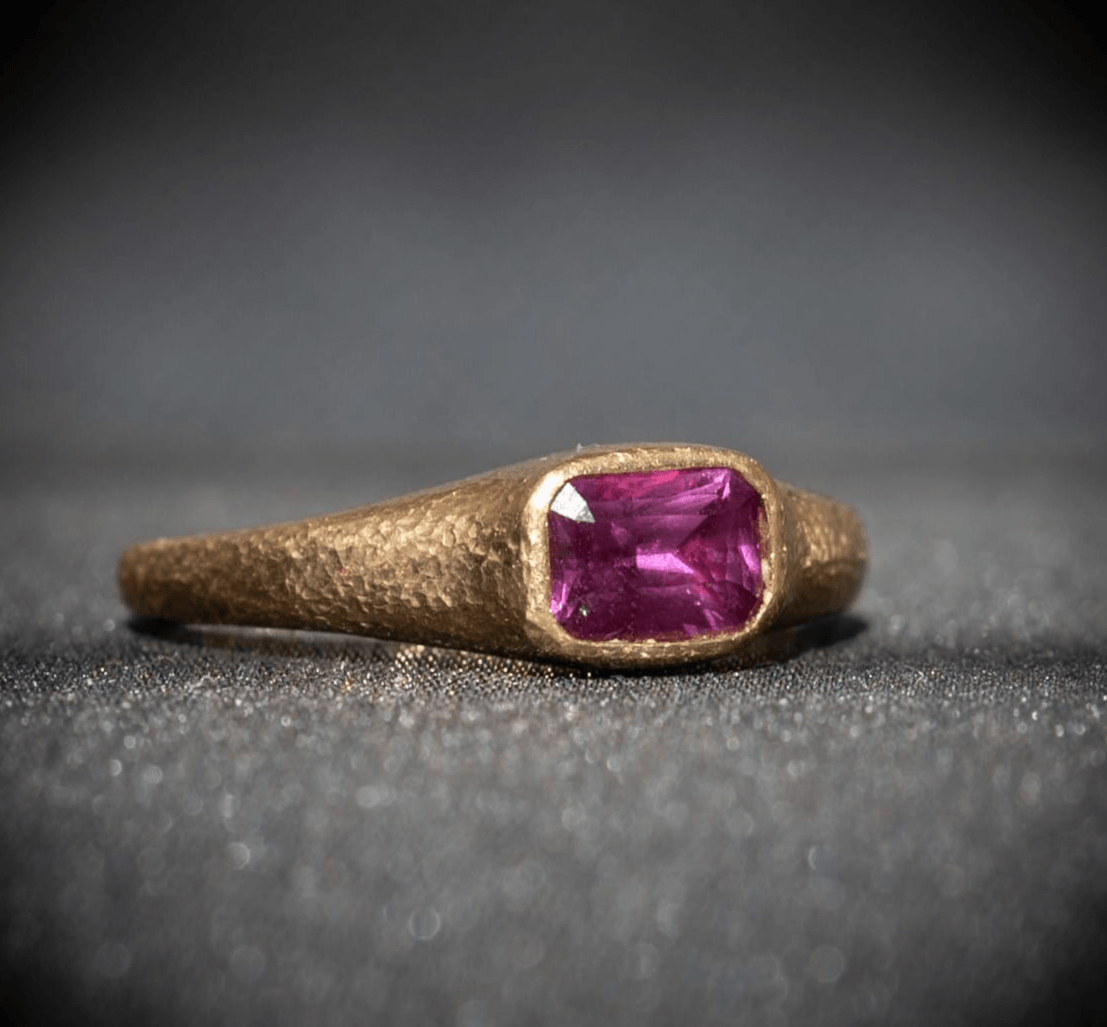 Hand Hammered 18kt Yellow Gold Ring with Unheated Pink Sapphire
