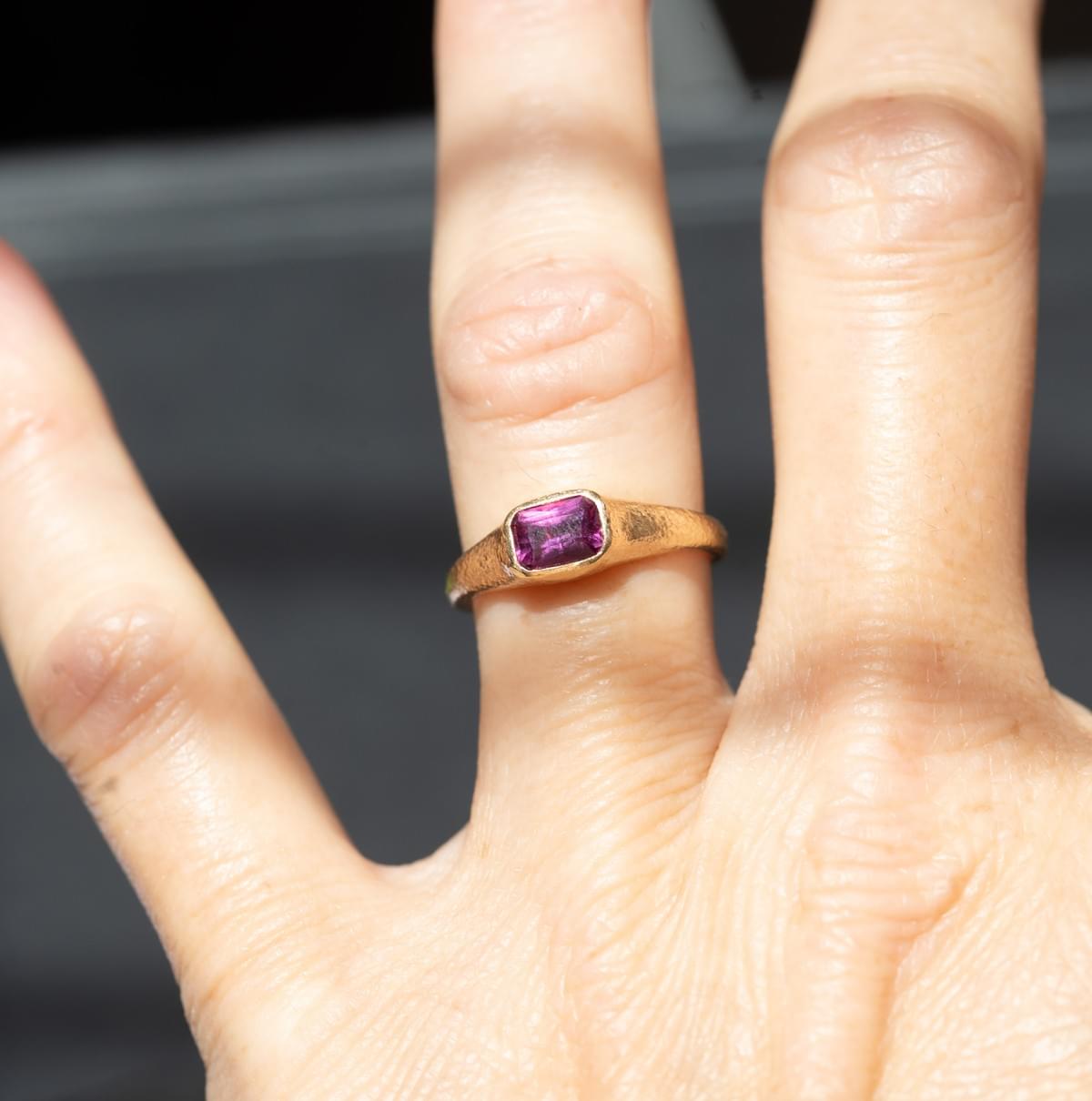 Hand Hammered 18kt Yellow Gold Ring with Unheated Pink Sapphire