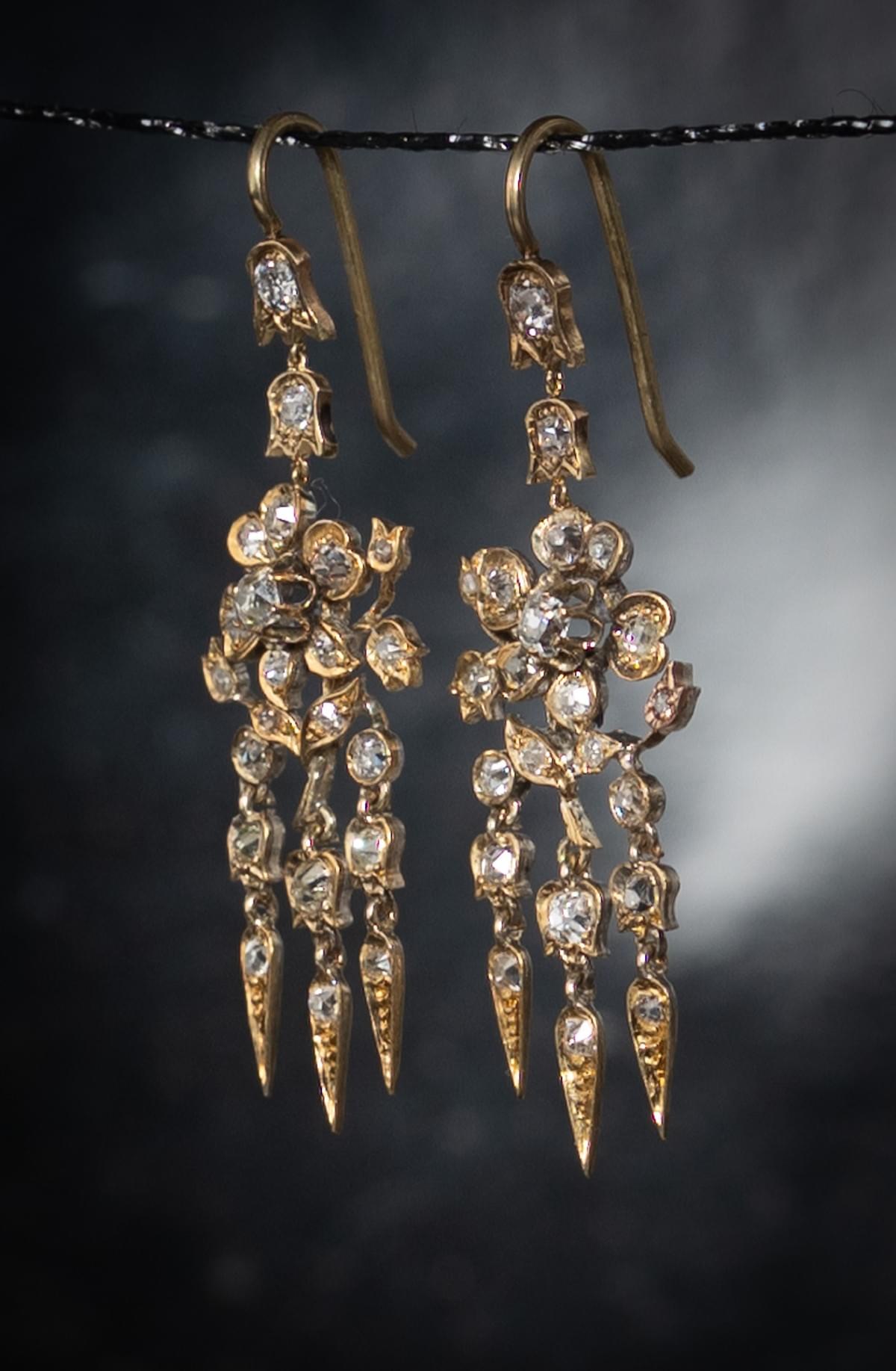 Diamond flower dangling earrings