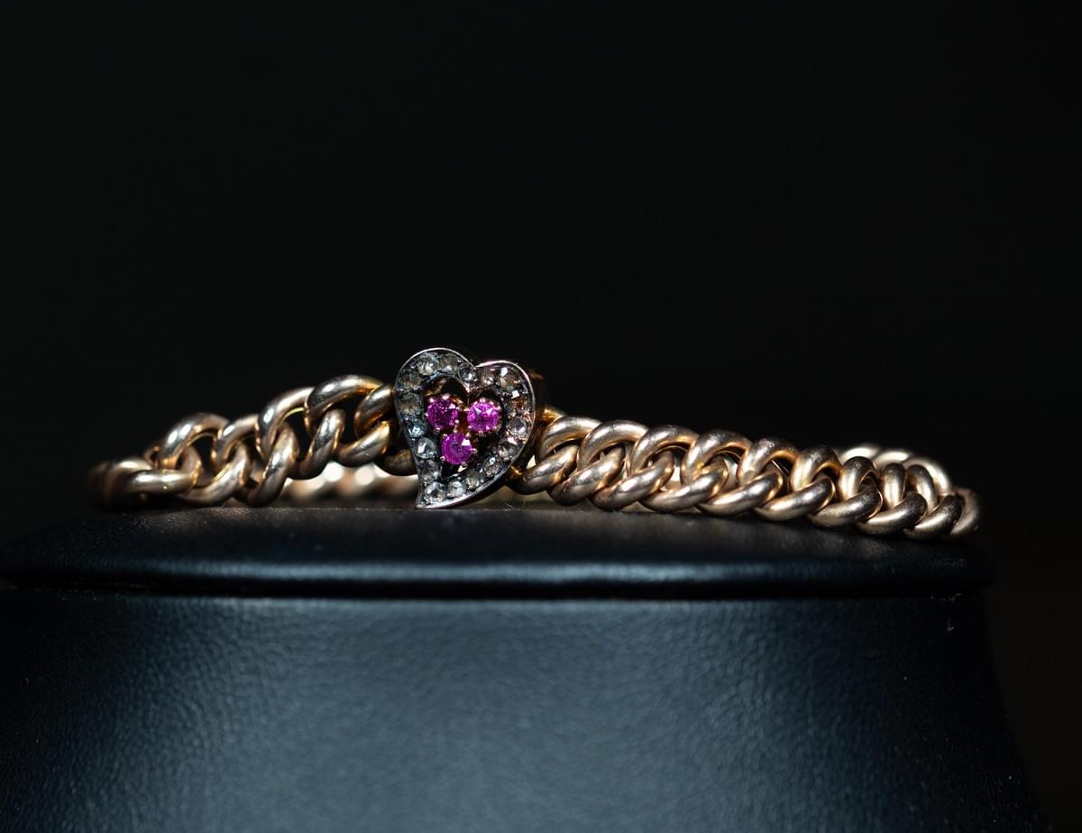 Ruby and diamond heart shaped curb bracelet