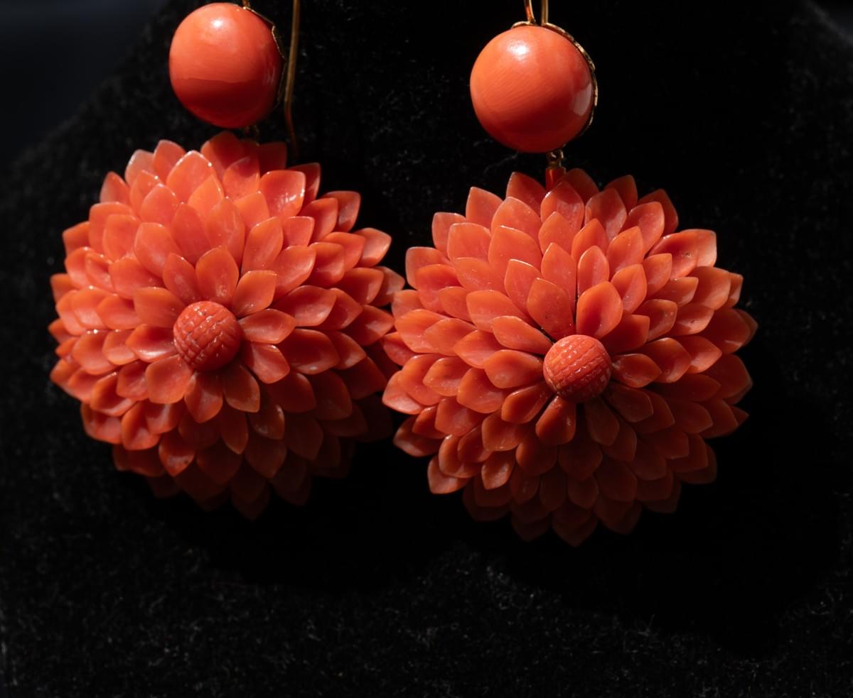 Antique Victorian Carved Coral Chrysanthemum Earrings — Torre del Greco, circa 1860–1880