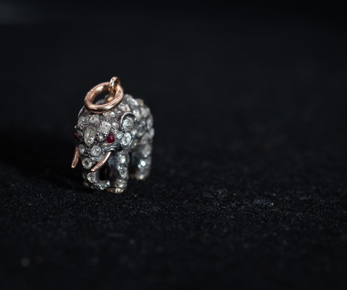 Fabergé Silver and Gold Elephant Pendant by Erik August Kollin, Set with Old‑Cut Diamonds and Ruby