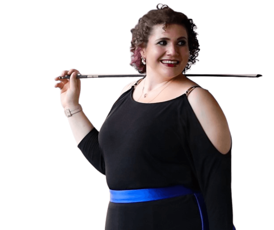Stephanie Scheller posing with a violin bow, fractional CMO providing strategic marketing leadership Stephanie Scheller posing with a violin bow, fractional CMO providing strategic marketing leadership