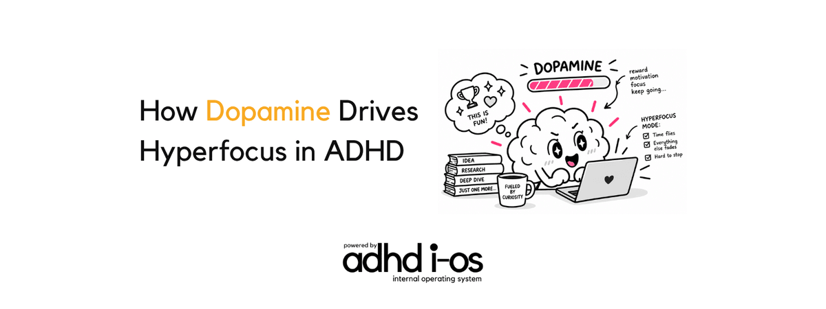 Blog header graphic titled "How Dopamine Drives Hyperfocus in ADHD" powered by adhd i-os, featuring a cute brain illustration working on a laptop surrounded by books labeled Idea, Research, and Deep Dive, a mug that says Fueled By Curiosity, and a full pink dopamine progress bar overhead. Blog header graphic titled "How Dopamine Drives Hyperfocus in ADHD" powered by adhd i-os, featuring a cute brain illustration working on a laptop surrounded by books labeled Idea, Research, and Deep Dive, a mug that says Fueled By Curiosity, and a full pink dopamine progress bar overhead.