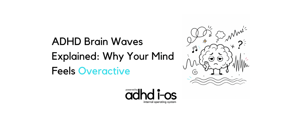 A tired cartoon brain is surrounded by chaotic signals and frequencies, illustrating ADHD brain waves and an overactive mind. A tired cartoon brain is surrounded by chaotic signals and frequencies, illustrating ADHD brain waves and an overactive mind.