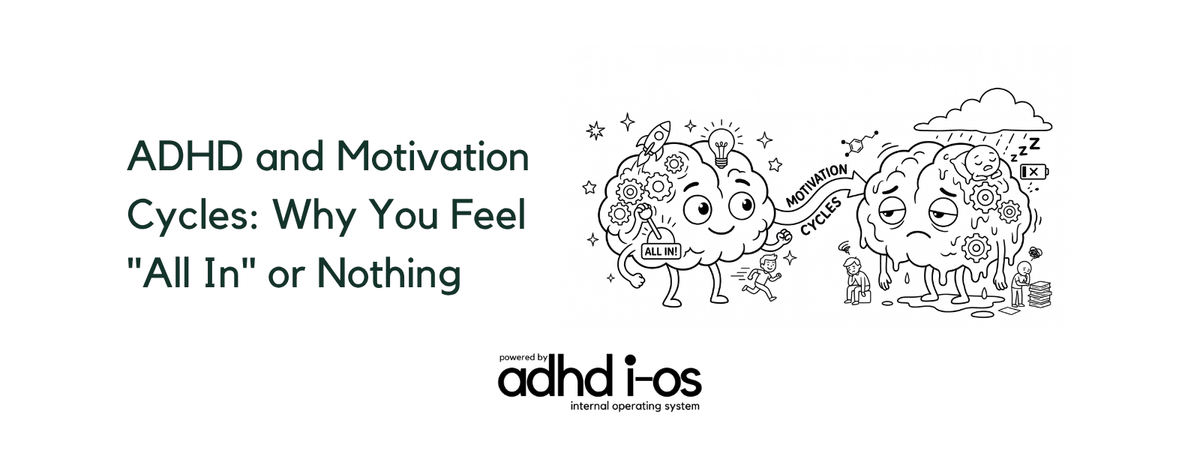 An energized cartoon brain labeled ALL IN! transitions into an exhausted, drained brain under a raincloud, illustrating the extreme swings of ADHD motivation cycles. An energized cartoon brain labeled ALL IN! transitions into an exhausted, drained brain under a raincloud, illustrating the extreme swings of ADHD motivation cycles.