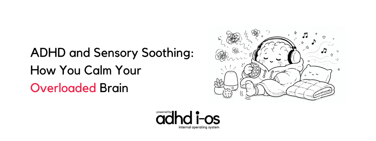 A calm cartoon brain wearing headphones uses a pop fidget toy for ADHD sensory soothing. A calm cartoon brain wearing headphones uses a pop fidget toy for ADHD sensory soothing.