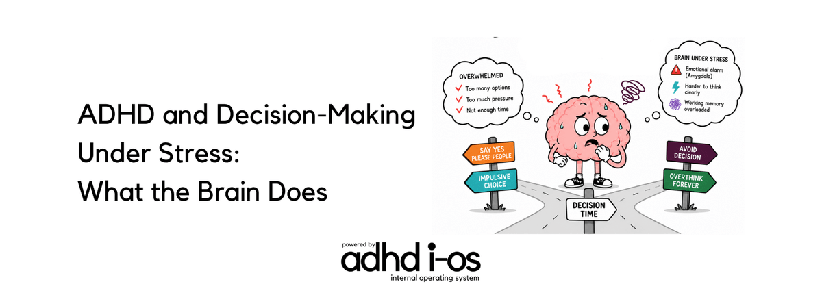 An overwhelmed cartoon brain faces conflicting road signs, illustrating ADHD and decision-making under stress. An overwhelmed cartoon brain faces conflicting road signs, illustrating ADHD and decision-making under stress.
