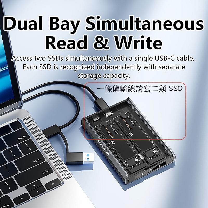 雙槽M.2 NVMe SSD硬碟外接盒,USB3.2 10Gbps傳輸協議,8TB SSD單槽16TB SSD雙槽 超薄